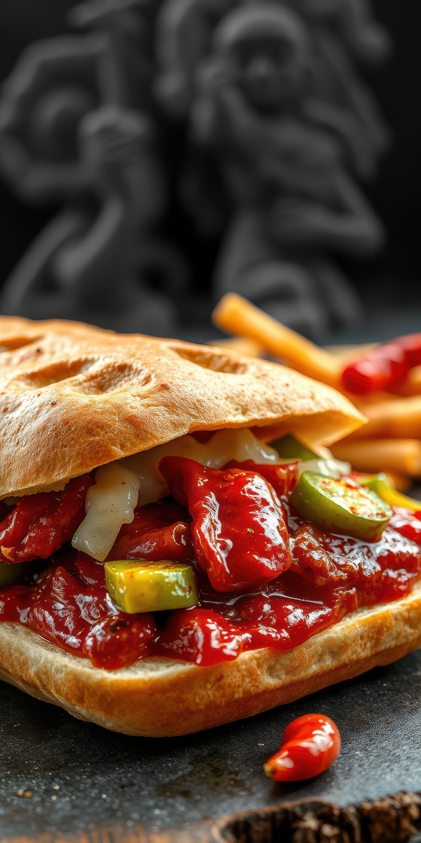 Delicious sandwich with spicy sauce and fresh vegetables served with crispy fries on a dark background